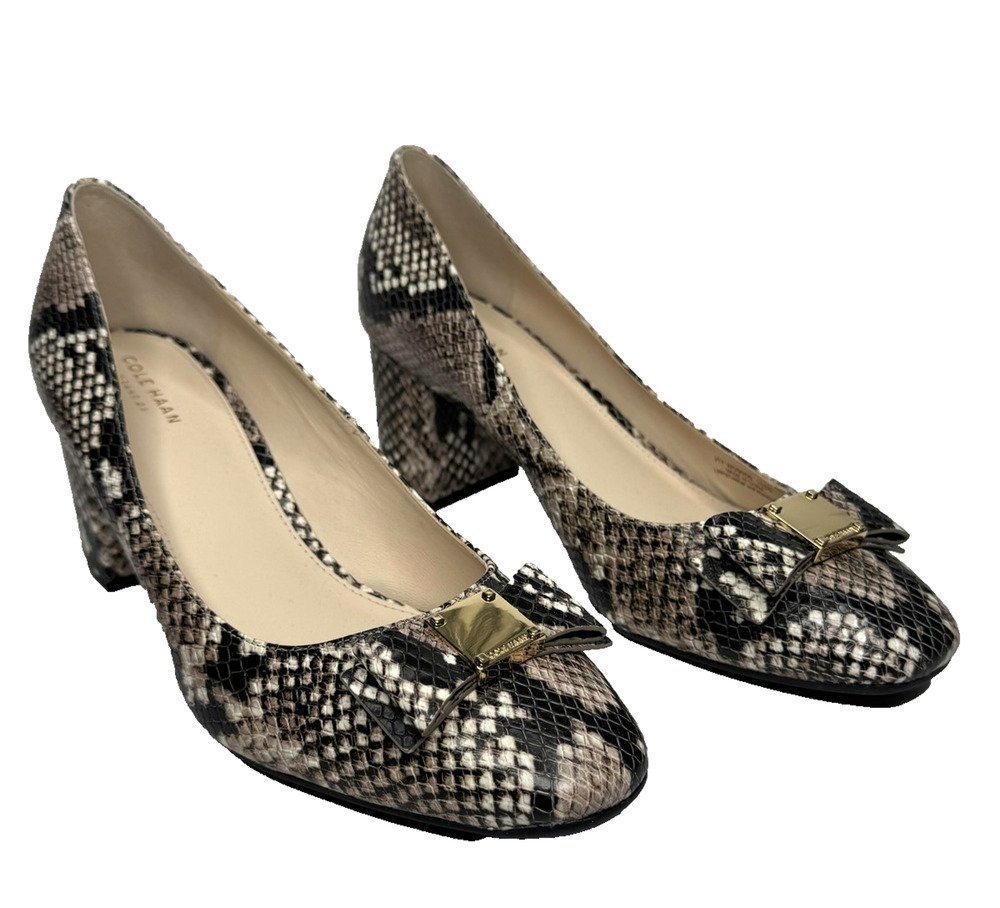 Cole Haan Shoes Womens Size 10.5 Brown Snake Print Block Heel Bow Comfort Pumps